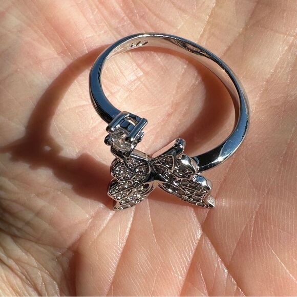 NEW White Gold Plated Pave Butterfly & Round Crystal CZ Adjustable Ring - Picture 5 of 11